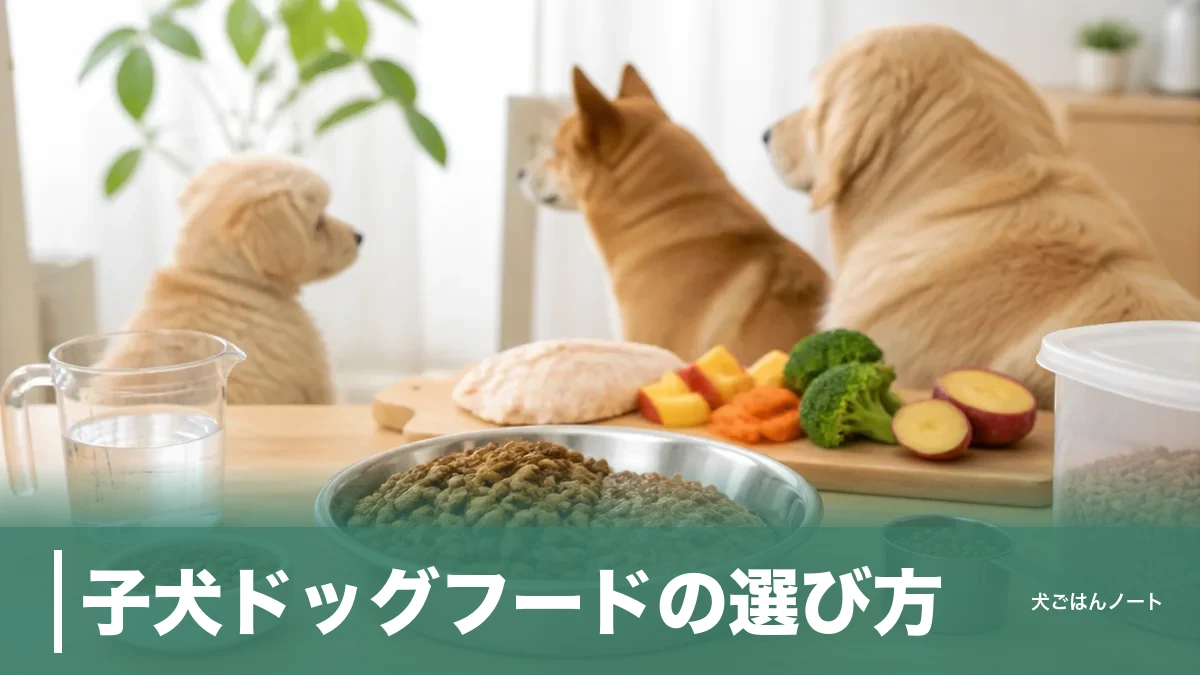 子犬ドッグフードの選び方|成長期はタンパク質22.5%以上が基準?月齢別の回数とふやかし方のアイキャッチ画像