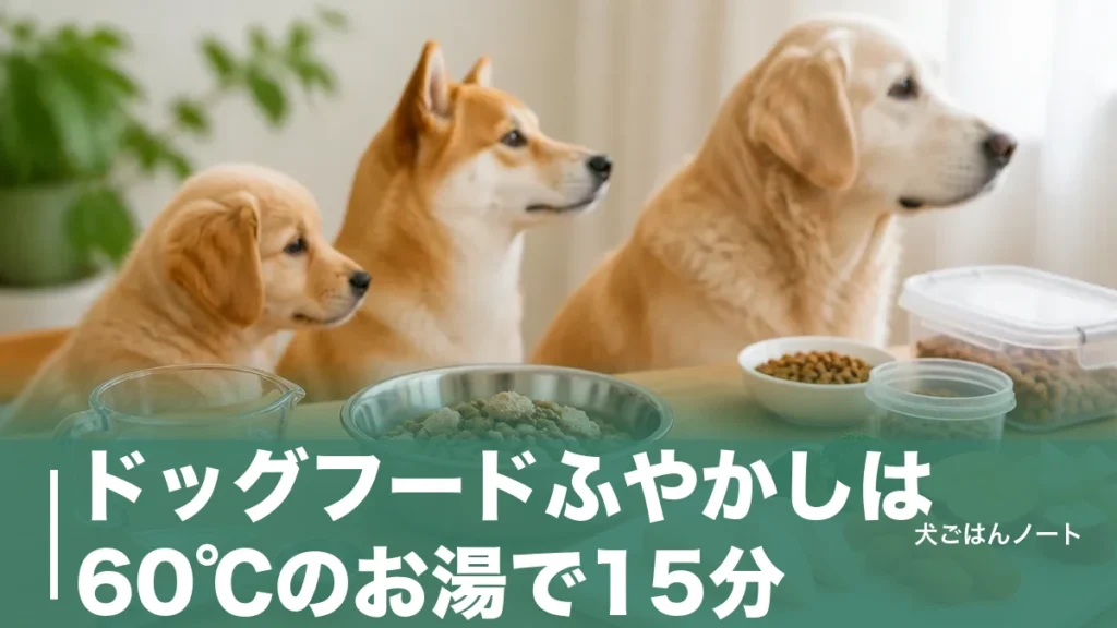 ドッグフードふやかしは60℃のお湯で15分？子犬・シニア別の与え方と作り置きNGの理由のアイキャッチ画像