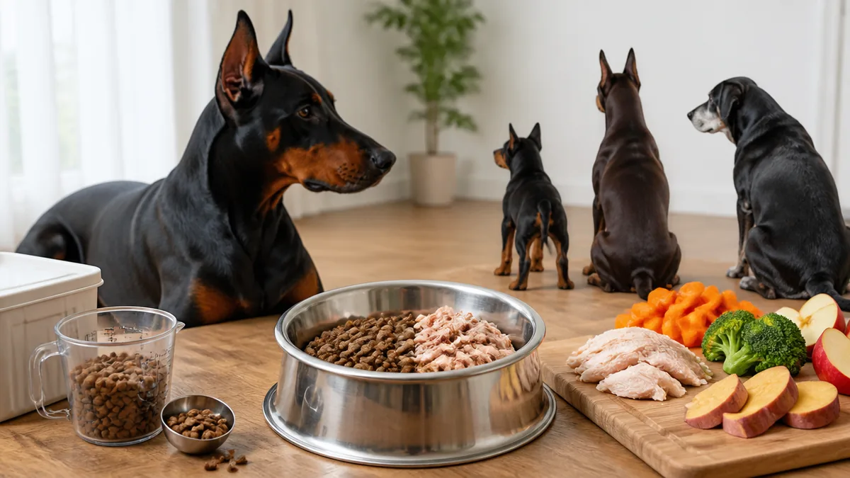 ドーベルマンエサは1日2回に分ける?胸が深い犬種の食べ方と子犬〜シニアの量の決め方のアイキャッチ画像